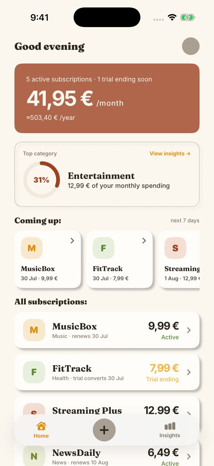The Recurry dashboard: monthly spending of 41,95 € across five subscriptions, the top spending category, and the renewals coming up this week.